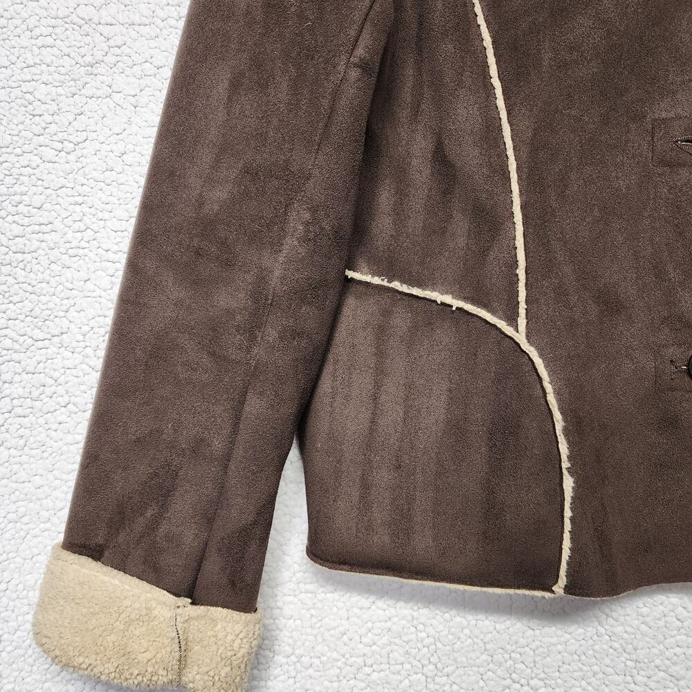 Vintage Old Navy Womens Faux Suede Jacket Size L Brown Sherpa Lined Buckle Y2K - Picture 4 of 14